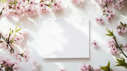 Fototapeta premium White clean watercolor sheet on the table as the main object. Sakura around