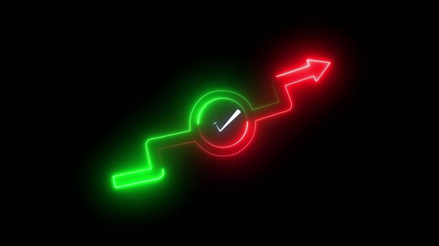 Neon Cash up arrow stocks graph with percentage ,Tik mark with arrows pointing up isolated on black background. Money, profit, investment, growth business, economy, finance concept.4K video.