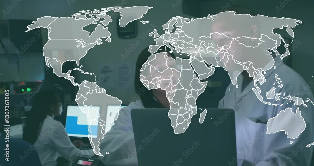 Poster in school laboratory, scientists working with computers, world map animation overlay