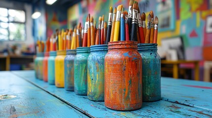 Colorful Paintbrushes and Jars Arranged on a Blue Workbench in an Artist's Studio Environment