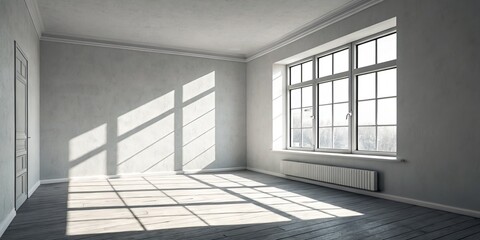 Sunlit Empty Room Composition, Wooden Floor, Large Window, Minimalist Interior Design, Light, Shadows empty room, interior design