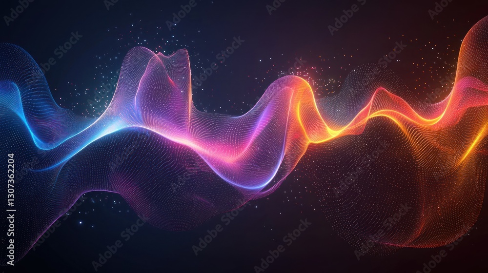 Poster digital abstract flowing lines illuminated with various vibrant colors