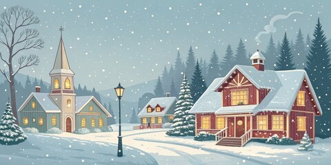 Fototapeta premium Snowy Village Winter Scene Church, Houses, Snowfall, Illustration, Christmas Card, Winter Wonderland Christmas, Winter