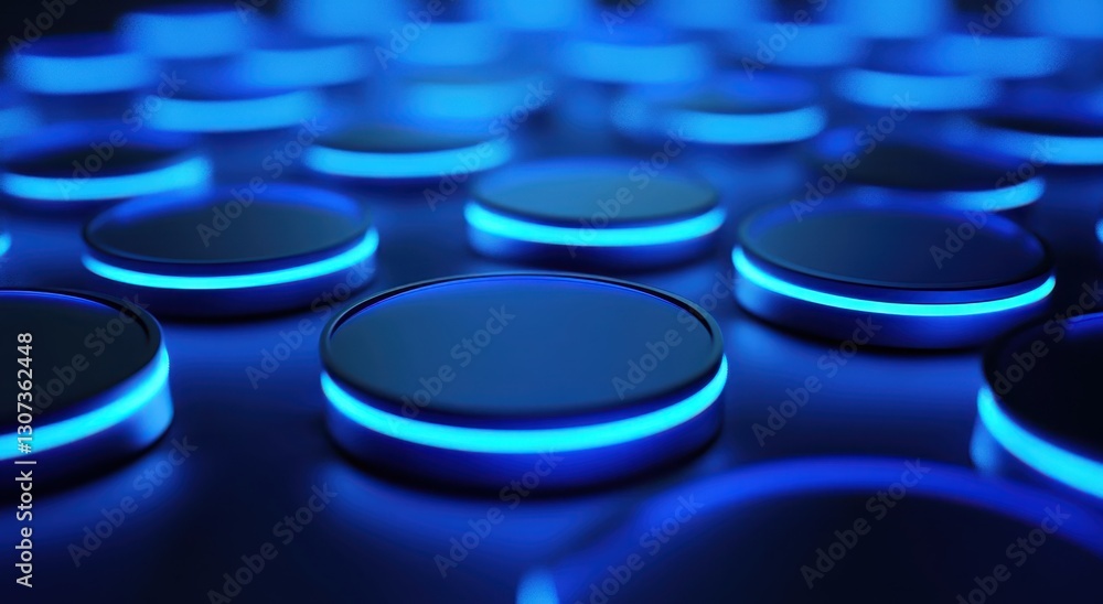 Poster close-up view of glowing circular buttons with blue neon lights on a dark surface creating a modern 