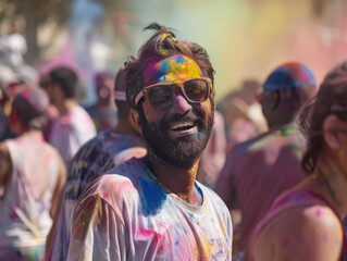 Fototapeta premium Colorful celebration with joyful man covered in powder,Holi celebrates Festival of Colors