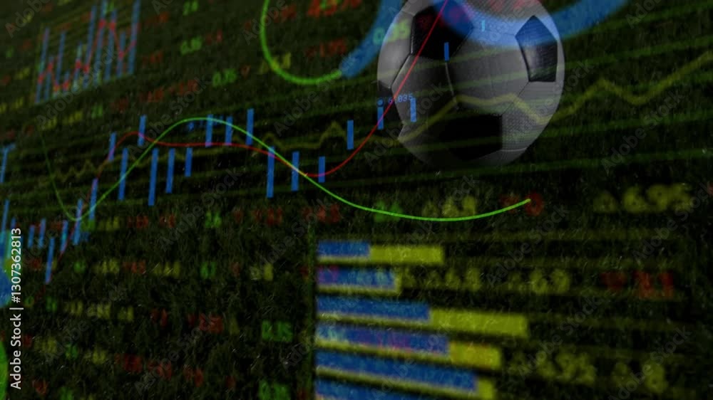 Poster overlaying animation of soccer ball on financial graphs and data analysis charts