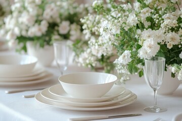 Elegant Table Setting with White Dishware and Fresh Floral Arrangements in Soft Lighting