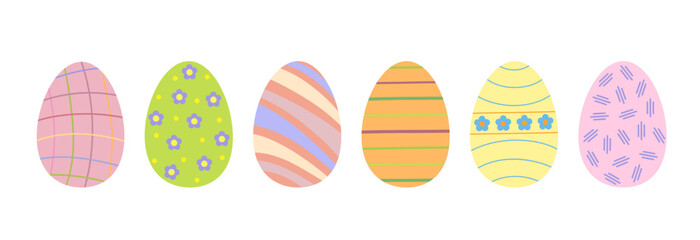 Easter egg collection colorful decorated in festive tones holiday symbol, flat style hand drawn vector illustration for spring celebration time decor, greeting cards, invitations, banners, web design