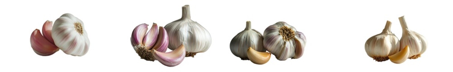 Obraz premium Garlic that is both fresh and organic is depicted in isolation on a white background, and a clipping path is provided for the garlic
