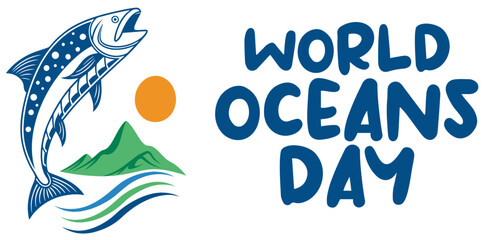 Obraz premium World Oceans Day, banner and flyer vector style, nice fish in white background