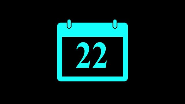 Calendar animation of the 22th day of the month on a black background. Date 22 animation with calender. Cyan color Calendar with date animation. Time and date management schedule icon.