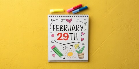 Leap Day Doodle Spiral Notepad, Hand-Drawn February 29th Design, Yellow Background, Markers, leap year, february 29th