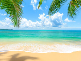 Tropical beach with golden sand, turquoise water, and palm trees. Vibrant and inviting, ideal for travel or summer themes.