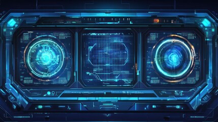 Obraz premium Futuristic spaceship control panel with glowing blue interfaces.