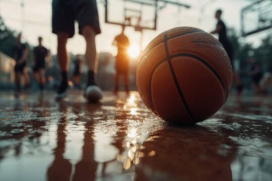 Basketball ball lying on wet court after rain with players walking in sunset light - Powered by Adobe