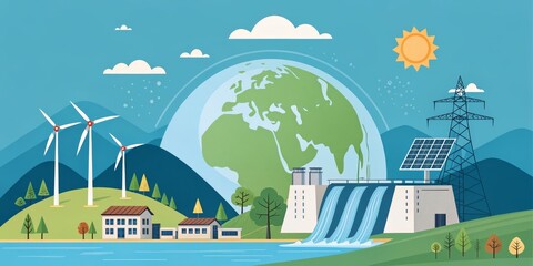 Green Energy Composition Flat Illustration of Sustainable Power Sources, keyword1 renewable energy, keyword2 eco-friendly