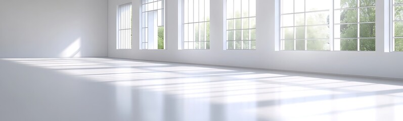 Fototapeta premium A clean, minimalist office space featuring large windows and a bright, white atmosphere.
