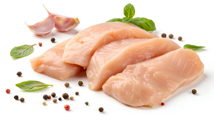 Isolated raw chicken fillet pieces showcasing the fresh and unprocessed texture for meal prep purposes.
