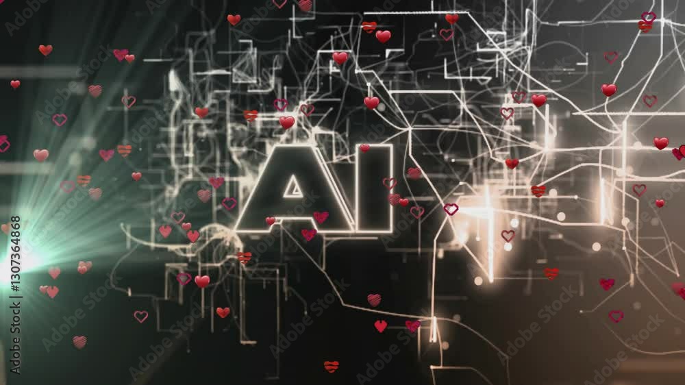 Poster animation of digital network lines with ai text and floating red heart icons