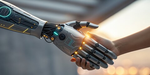 Cybernetic Handshake AI Collaboration, 3D Render, Futuristic Concept, AI, Robotics AI, Robotics