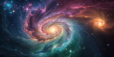 Cosmic Dance Dual Spiral Galaxies, Vibrant Hues, Digital Art, Space, Nebula space art, astronomy