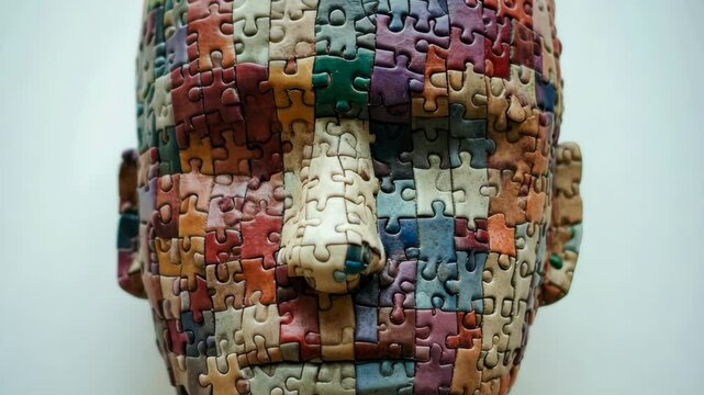 Artistic sculpture of a head made from colorful puzzle pieces reflects creativity and craftsmanship