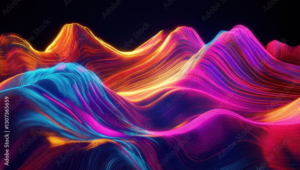 Poster colorful neon waves in motion creating a dynamic abstract mountain landscape with bright lights and 