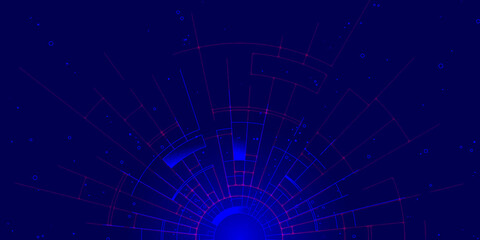 Abstract technological background with glowing circular grids or with futuristic data streams symbolizing artificial intelligence, innovation and virtual intelligence.