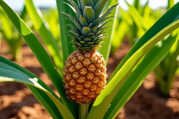 Young Pineapple Growing in Field, Close-up of Fruit and Leaves