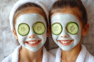 Happy friends, little girls in white bathrobes with towels on their heads, smiling as they relax with cucumber facial masks at a spa