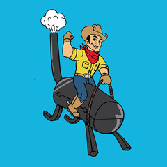 Cartoon Cowboy Riding an American BBQ Smoker Vector Illustration