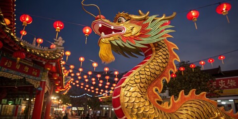 Fototapeta premium Golden Dragon Statue at Night Festive Chinese New Year Decorations, Temple Background, Close-up Composition Chinese New Year, Dragon Dance