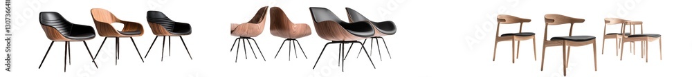 Poster on a white background, a single chair is depicted from a range of different angles