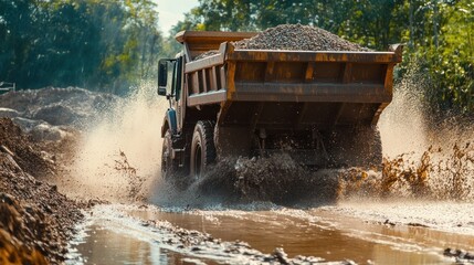 Obraz premium Dump truck hauling gravel through mud.