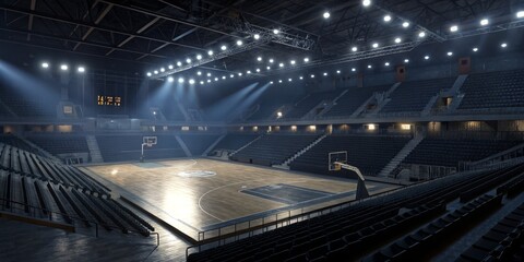 Empty Basketball Arena High Angle, Night Lighting, 3D Render, Sport Venue basketball court, arena lighting