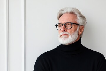An older gentleman dressed in a black turtleneck poses against a pure white backdrop, radiating confidence and sophistication, perfect for a modern luxury aesthetic