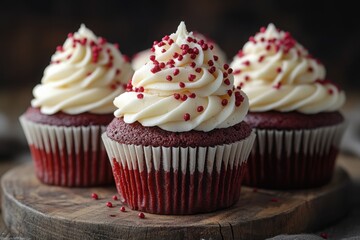 Delicious red velvet cupcakes with cream cheese frosting and red sprinkles Sweet treats perfect for celebrations or a simple indulgence