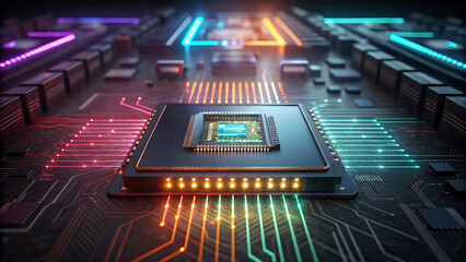 Digital Heart: A high-tech motherboard glows with intricate circuits and a central processor, reflecting the core of modern computing.