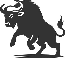 Buffalo with tail raised, muscles tensed, ready to charge animal vector silhouette
