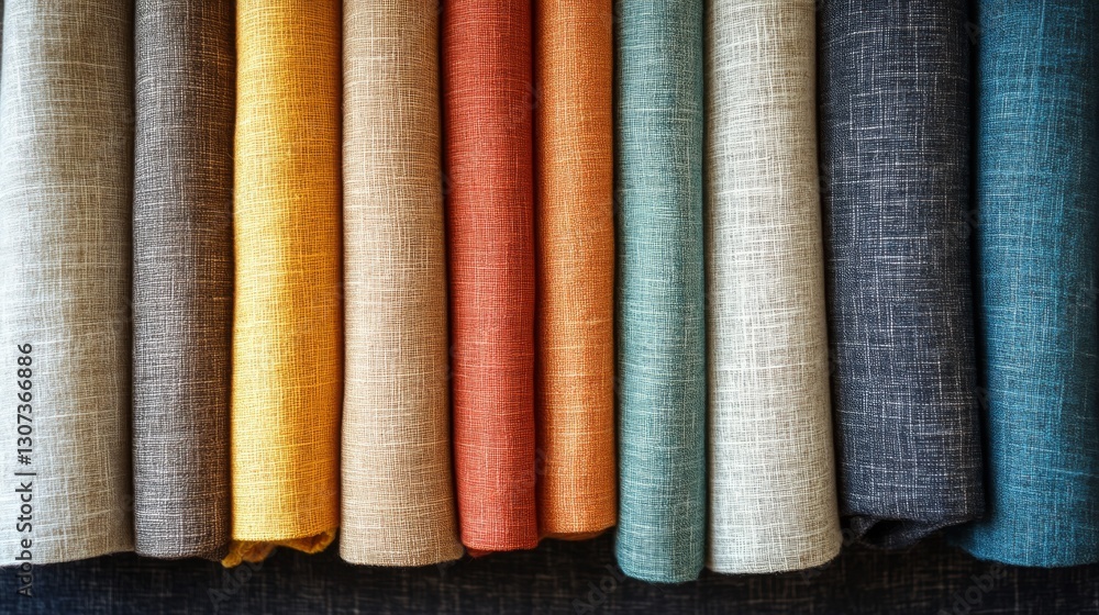 Poster a colorful display of rolled fabrics in various shades of color