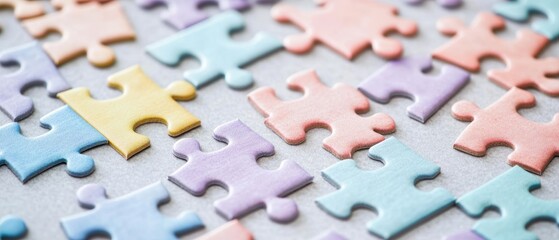 Fototapeta premium Colorful Pastel Puzzle Pieces Spread Across a Surface, Perfect for Conceptual Themes on Problem-Solving, Teamwork, and Creativity in Visuals