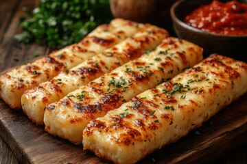 Grilled Halloumi Cheese Sticks: Golden brown halloumi sticks with fresh herbs served with a vibrant red dipping sauce on a rustic wooden board