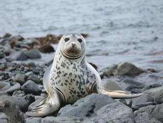 Naklejka premium Seal Basking on Rocky Shore with Calm Water and Natural Habitat Background