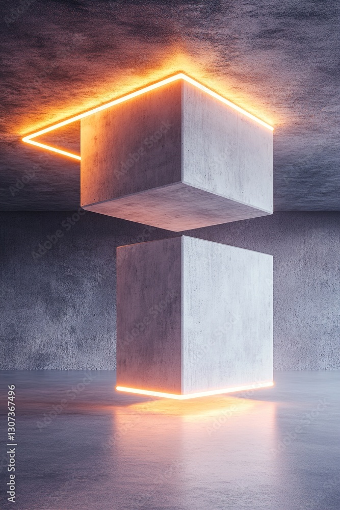 Aufkleber concrete structures appear to float in a futuristic space, illuminated by vibrant neon beams, creati