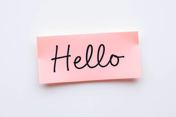 Text Hello on pink note on white background