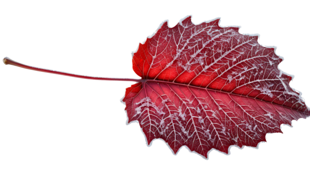 Vibrant Red Leaf with Intricate Veins and Frosty Texture