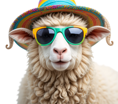 Fashionable sheep wearing oversized colorful hat and sunglasses isolated on transparent background