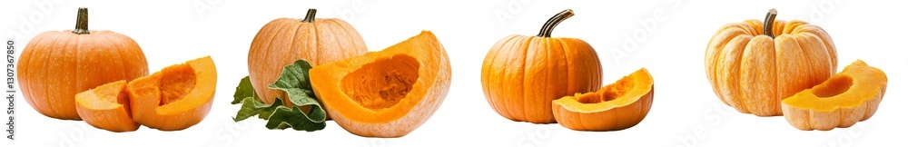 Poster a white background serves as the setting for a pumpkin that has been cut in half, as well as several