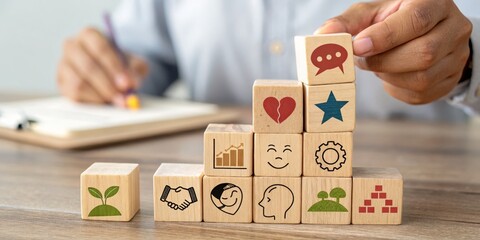 Building Blocks of Success Wooden Cubes with Icons Representing Growth, Happiness and Teamwork, Business Growth, Strategy, Teamwork Business Growth, Strategy