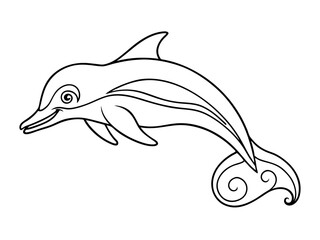 Hand-drawn Zentangle dolphin with scrolling sea wave for coloring book for adult